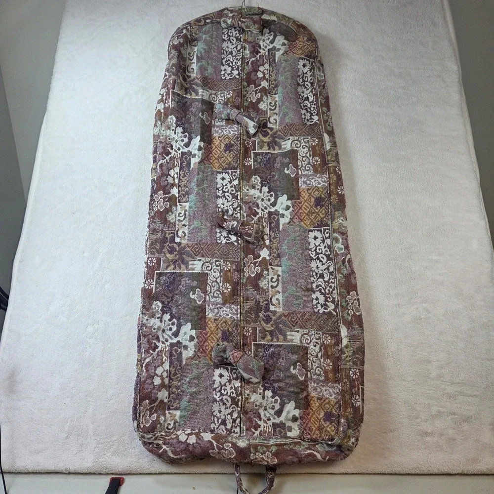 Vintage Tapestry Garment Bag Floral Patchwork Woven Travel Suit Cover Burgundy
